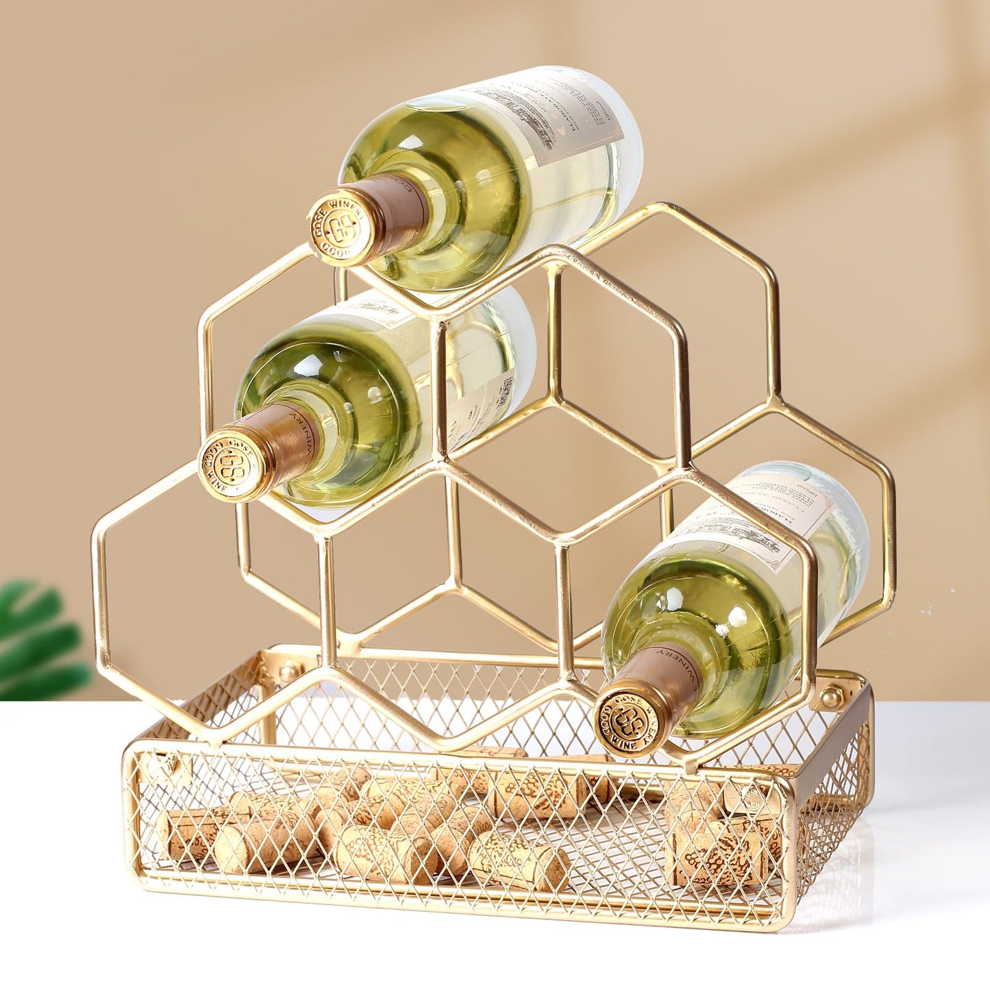 Drincarier Countertop Wine Rack - 6 Bottle with Cork Storage Freestanding Modern Gold Metal Wine Rack - Tabletop Wine Holder Stand for Cabinet, Pantry, Wine Bottle Storage…