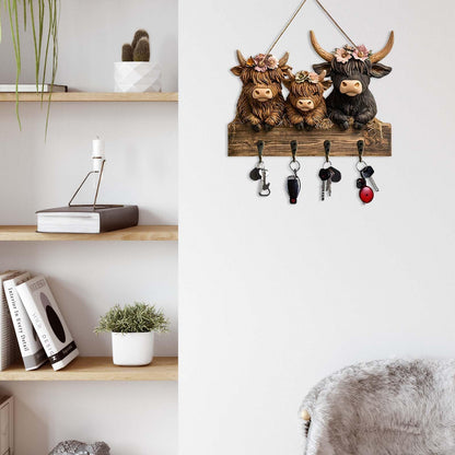 Dexprosy 2D Highland Cow Key Hooks for Wall - Wooden Key Holder and Organizer with Flat Design for Home, Office, or Garage Decor
