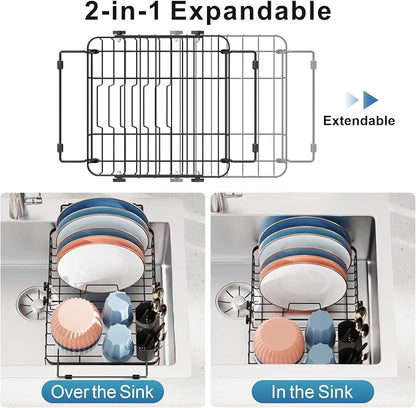 iSPECLE Dish Drying Rack Over the Sink, Expandable Dish Drainer for Small Kitchen, Apartment, RV, Dish Strainer with Utensil Holder and Twist-Lock, Space Saving, Black