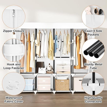 Portable Closet for Hanging Clothes, 67 Inch Wide Portable Wardrobe Closet with Cover, 4 Hanging Rod, Storage Shelves and Side Pockets, Large Free Standing Closet for Bedroom, White
