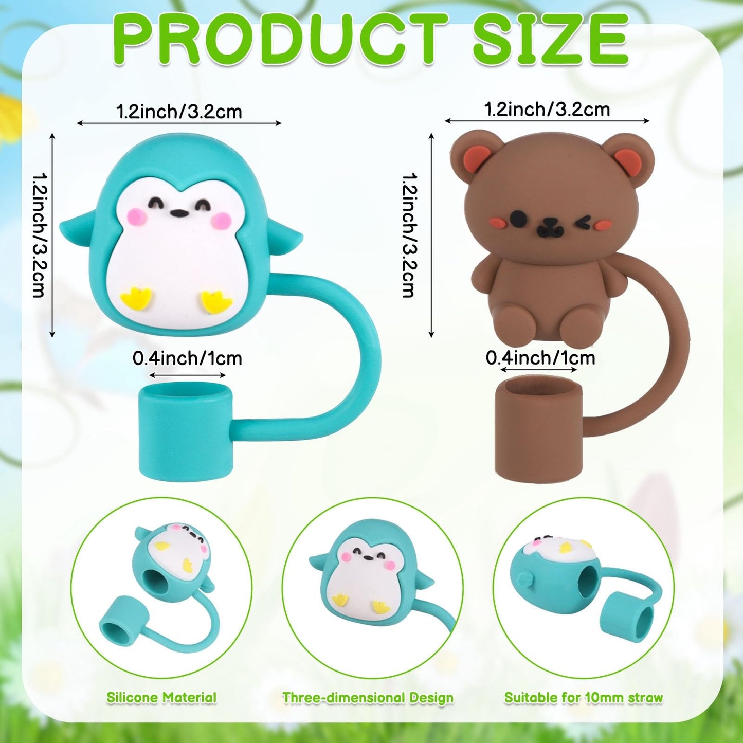 XLSXEXCL 20 Pcs Animal Straw Cover Caps Compatible with Stanley Cup, Silicone Cute Reusable Straw Toppers for Cups 30&40 Oz Tumbler Accessories 10mm
