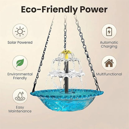 Hanging Solar Bird Bath Fountain with Water Pump, Plastic Basin, 4 Nozzles, Sturdy Metal Chains, Outdoor Garden Decor (Cannot Spray Water, Black)