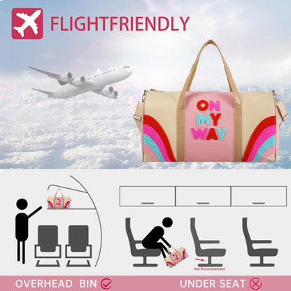 DYSHAYEN Chenille Letter Travel Duffle Bag Large PU Leather Weekender Overnight Bag for Women Carry on Bags Travel Tote（On My Way）