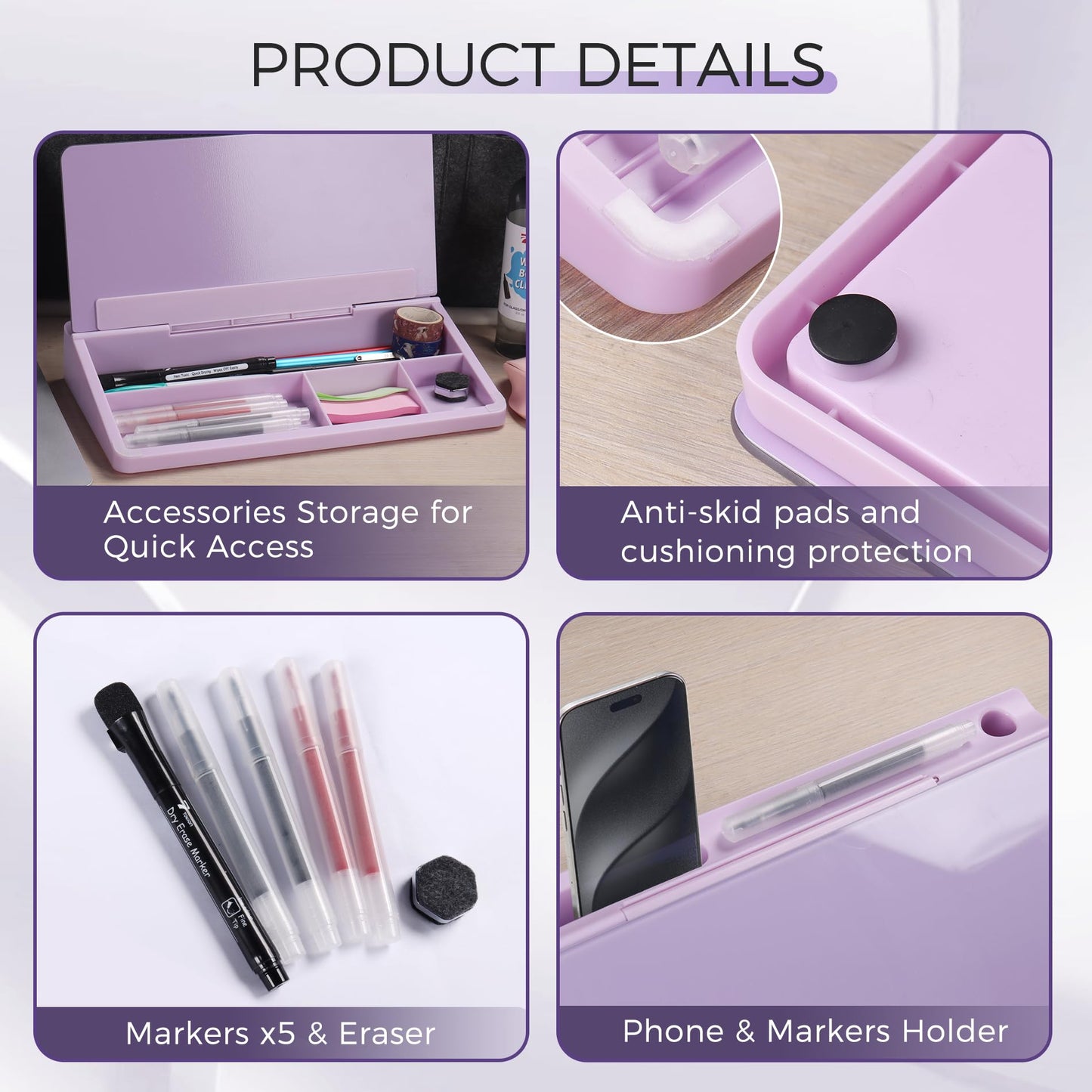 TOWON Small Compact Glass Desktop Whiteboard with Storage – 12 x 7 in Dry Erase Board for Desk, Home Office, School | Includes 5 Markers, Eraser & Holder | Space-Saving Organizer, Aesthetic Lavender