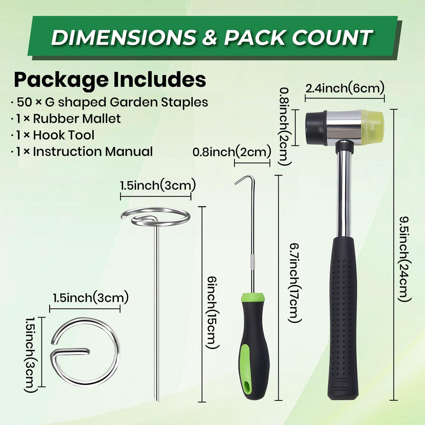 6 Inch Landscape Fabric Staples, 50Pcs Garden Stakes Galvanized +Pick Hook +Rubber Mallet, G Shaped Weed Barrier Stakes 11 Gauge Lawn Staples Landscape Pins for Yard, Sod, Weed Mat