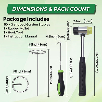 6 Inch Landscape Fabric Staples, 50Pcs Garden Stakes Galvanized +Pick Hook +Rubber Mallet, G Shaped Weed Barrier Stakes 11 Gauge Lawn Staples Landscape Pins for Yard, Sod, Weed Mat