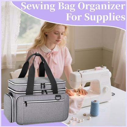 Anitor Large Sewing Supplies Organizer, Double Layer Sewing Storage Organizer with Two Detachable Dividers, Travel Sewing Bag Organizer with Shoulder Strap for Accessories, Gray, (Bag Only)