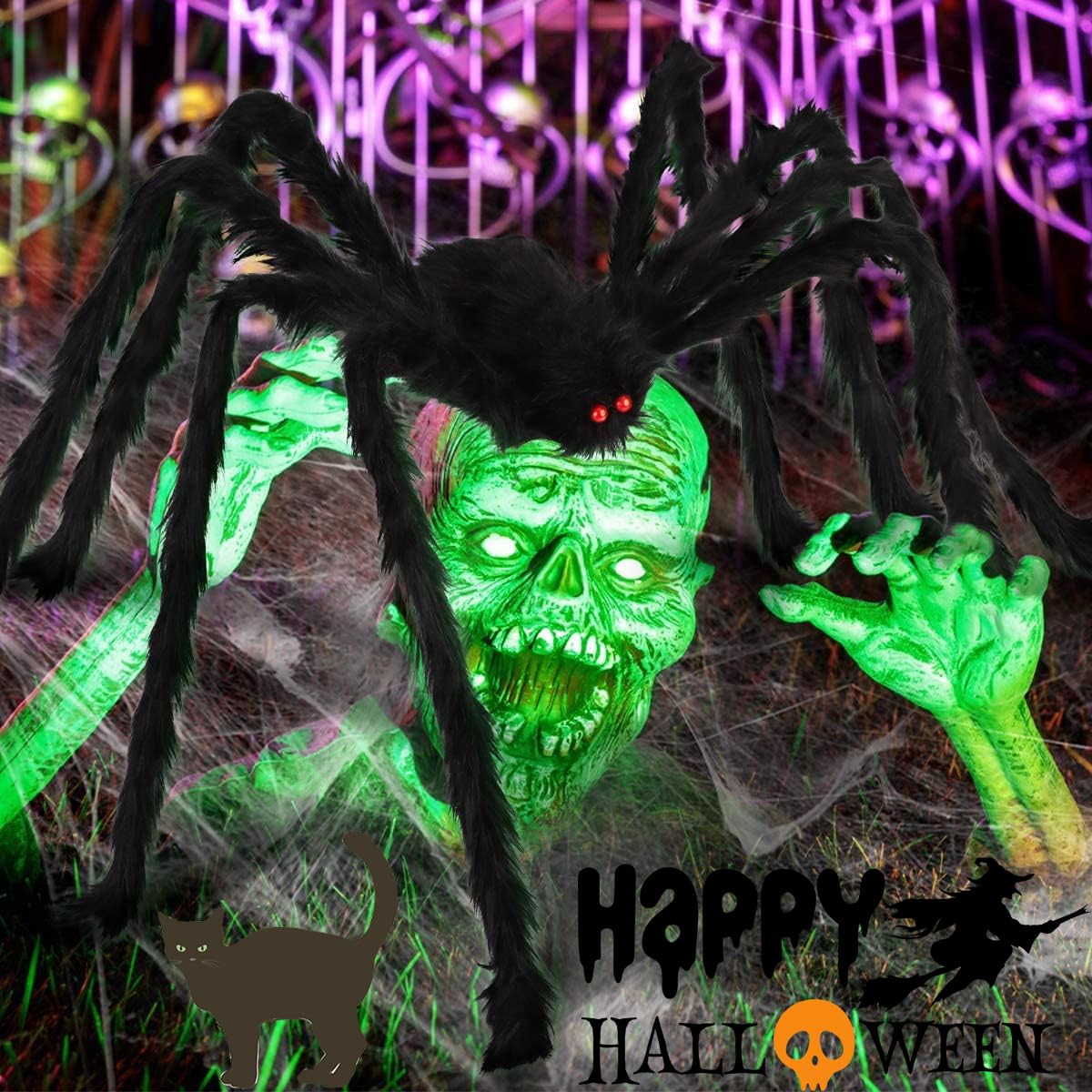 3in1 Halloween Decorations 5ft Giant Spiders 200" White Spider Web Haunted House Outdoor Wall Decor for Halloween Props (Giant Triangular Spider Web+Black Fake Spider+Stretchable Cobwebs)