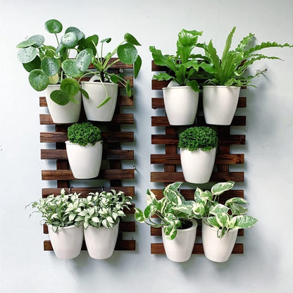 LalaGreen Bundle - 4 inch x 10 Pack Self Watering White Plastic Pot + 4 Pack Wooden Hanging Planters for Indoor Plants, Wall Mount Plant Stand Ladder, Outdoor Vertical Garden