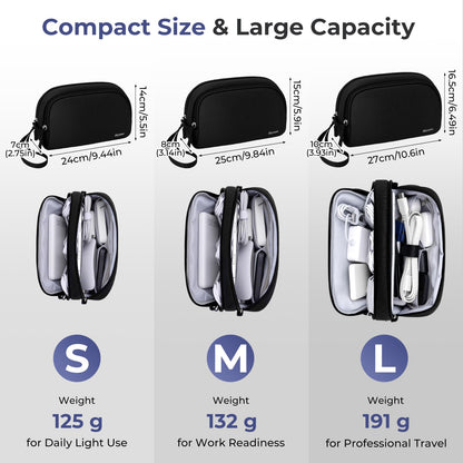 Skycase Travel Cable Organizer - Lightweight Water Resistant Dual-Layer Tech Pouch with Wrist Strap 10 Compartments Electronic Organizer Travel Case for Charger Cord Hard Drive,Medium,Black