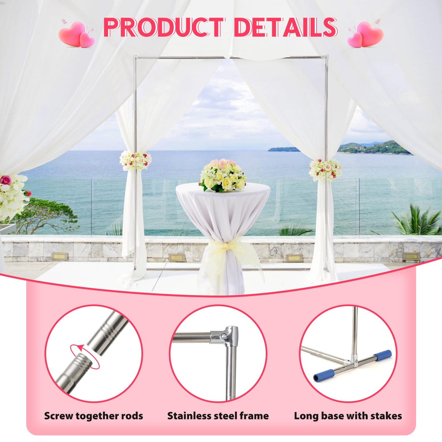 Wedding Arch,7 x 5 FT Metal Arch Backdrop Stand with Support Feet Base,Square Arched Frame for Birthday Party Ceremony Event Balloon Arches Decoration