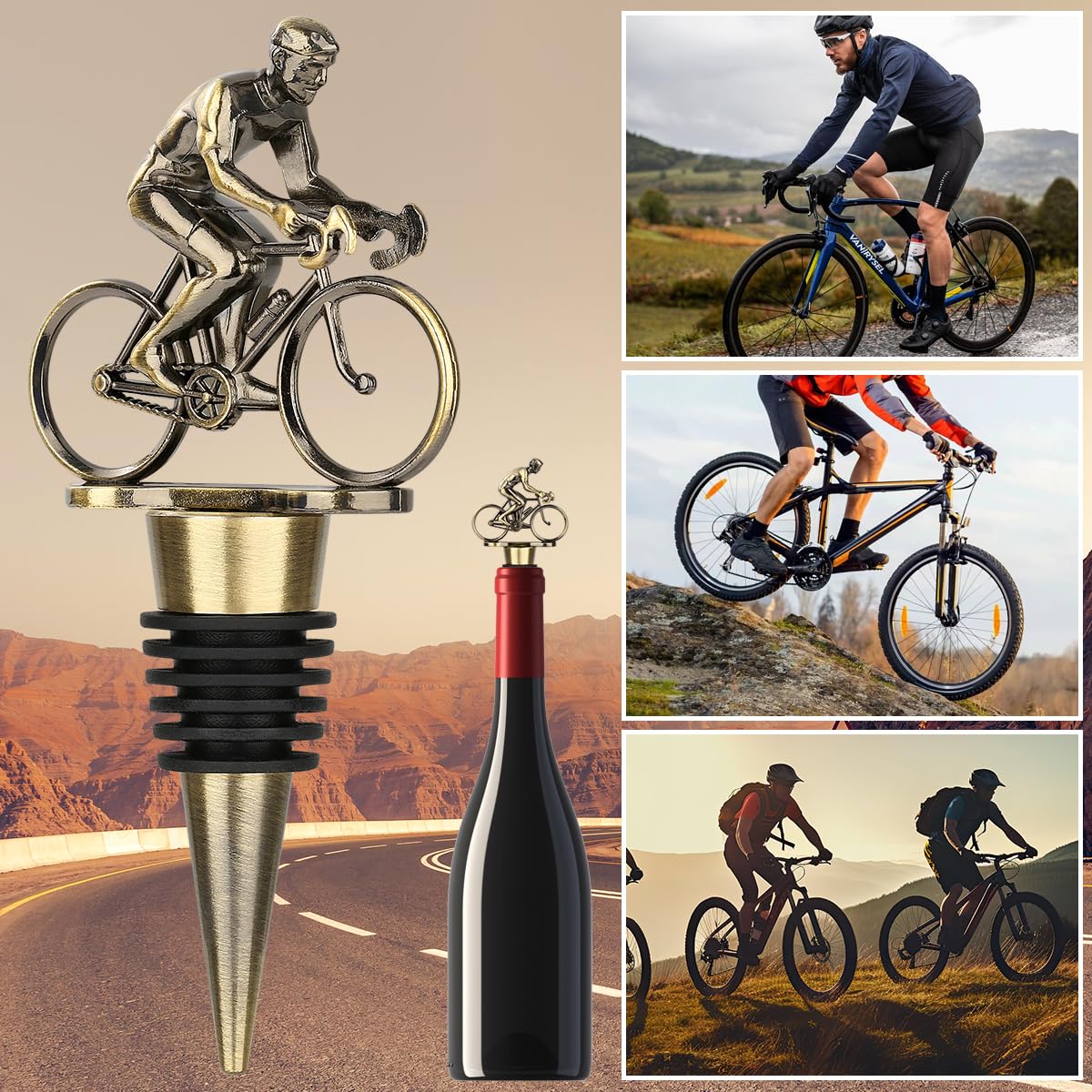 LULLEA Cycling Wine Bottle Stopper, Bicycle Gifts Cyclist Gifts Wine Gifts for Father's Day, Christmas, Birthday, Bronze Bottle Stopper for Wine and Champagne with Bag