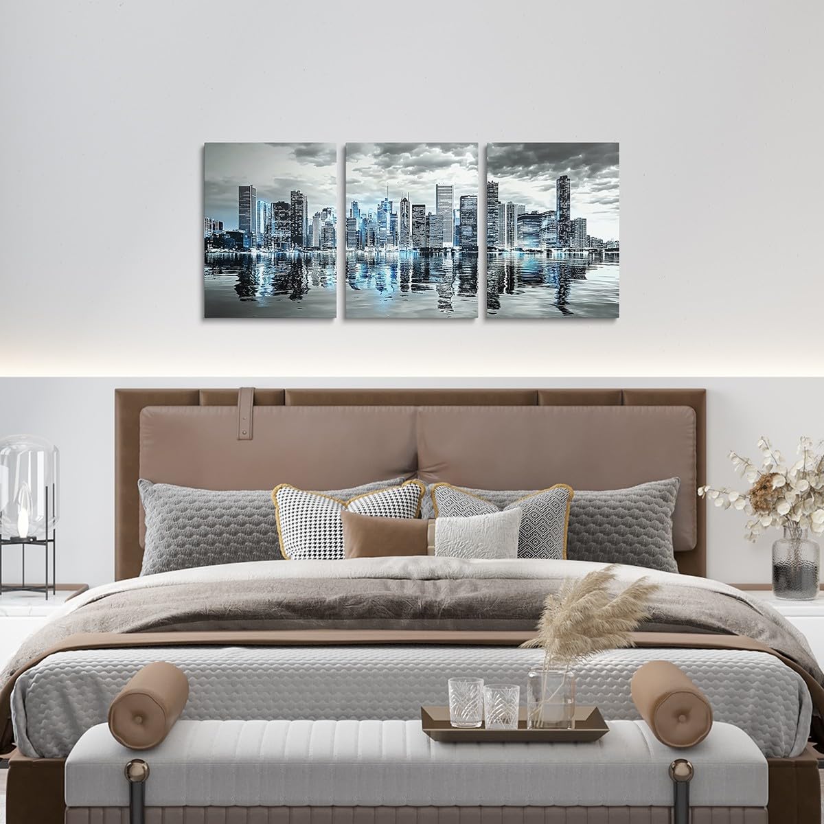 jejeloiu Skyscraper Canvas Wall Art for Living Room Bedroom 12"x16"x3pcs Modren City Picture Wall Decor for Bathroom Night Scene Office Decorations Artwork Posters Painting Blue Grey