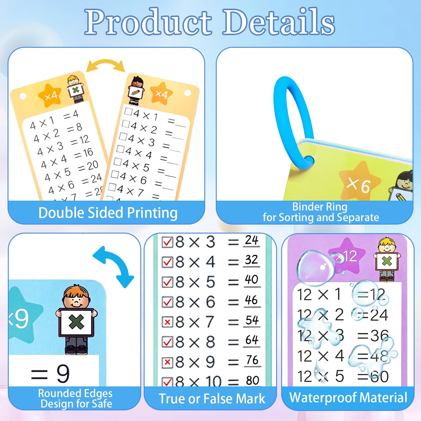 1-12 Math Flash Cards, 60Pack Large Math Addition Subtraction Multiplication Division Table Flashcards Chart, with 60 Cards, 8 Dry Erase Markers, 4 Rings, Educational Learning for Classroom Home