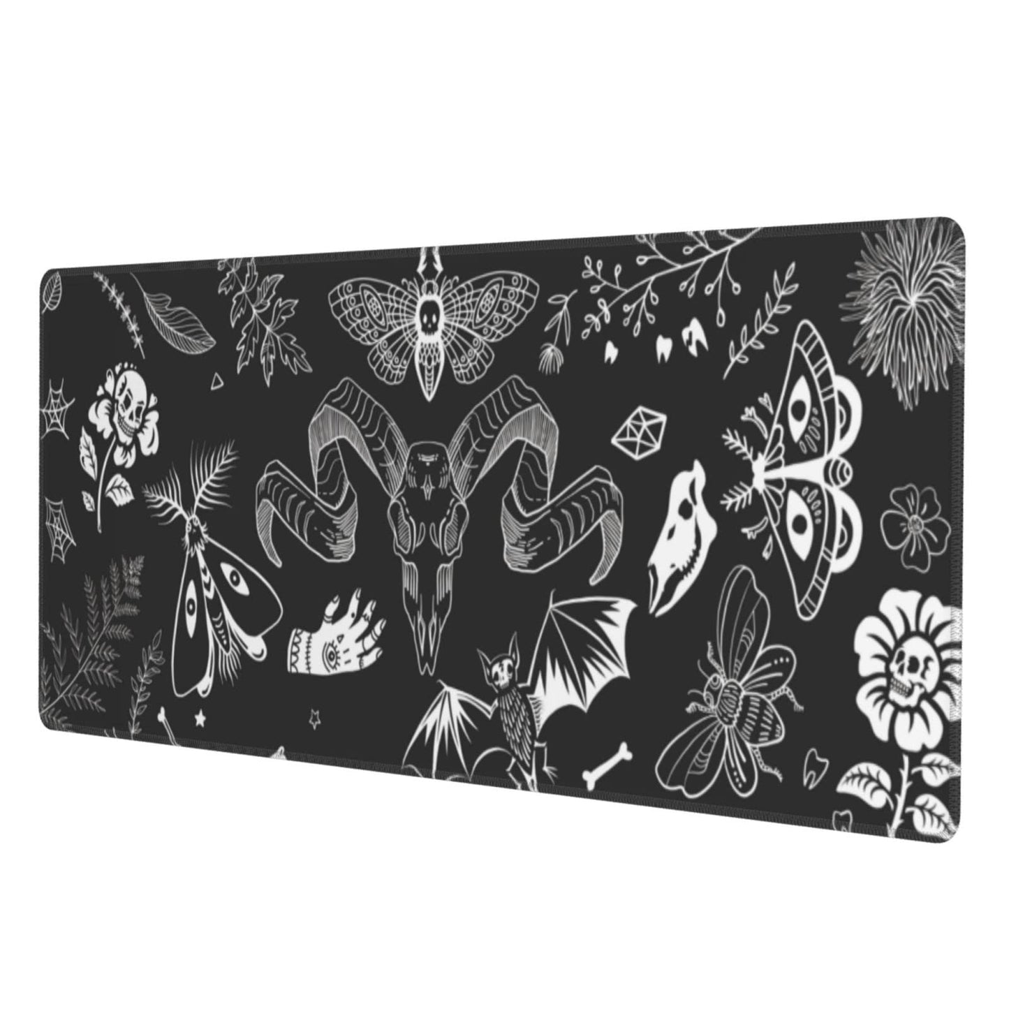 Witch Skeleton Goat Gaming Mouse Pad XL Black and White Large Extended Non Slip Rubber Base Desk Mat Stitched Edge Keyboard Mat 31.5x11.8 Inch