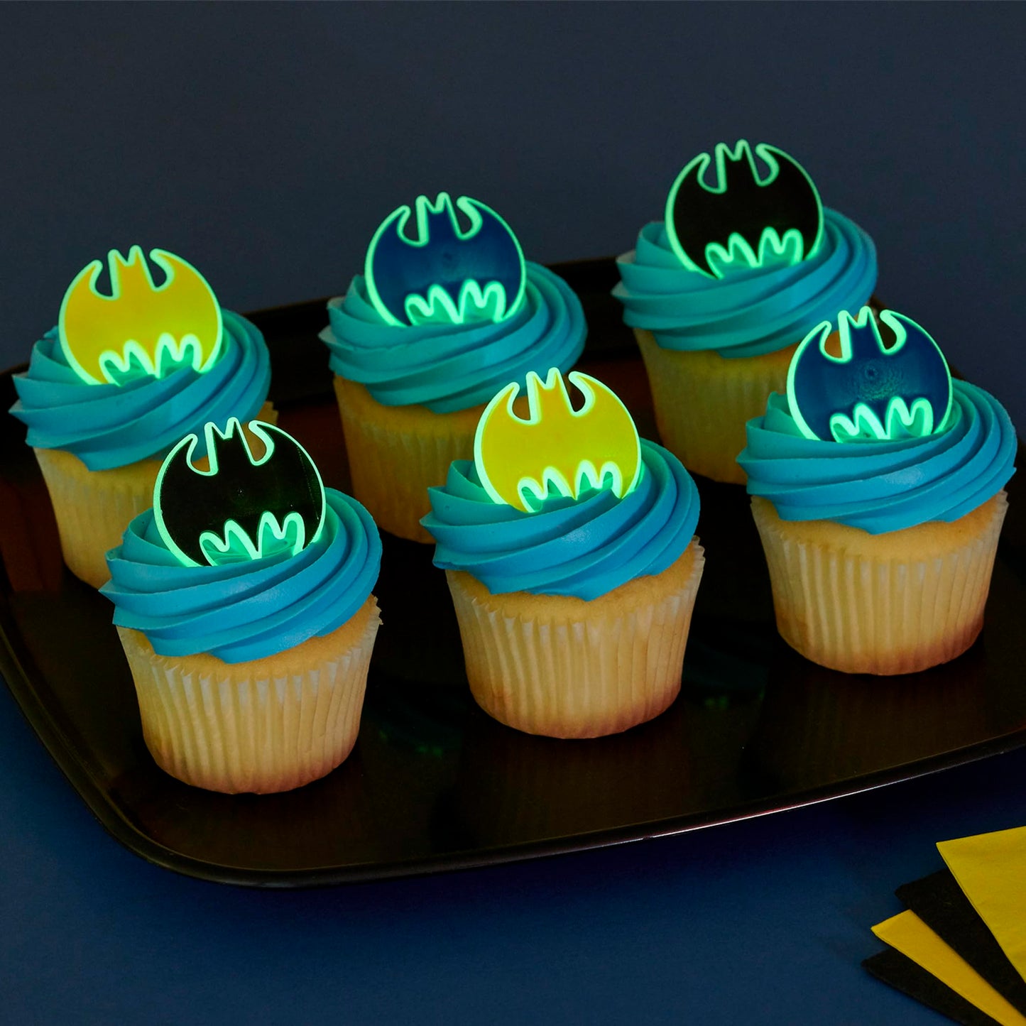 DecoPac Batman Dark Knight Rings, Glow In The Dark Batman Cupcake Decorations, Bat Signal Cake Toppers in Black, Yellow, Blue - 24 Pack