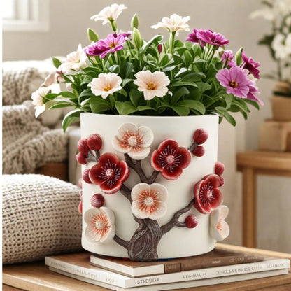 Gueiddi Flower Pot, 5 Inch Cute Plant Pots with Plum Blossom Design, Resin Decorative Flower Pots with Drainage for Indoor Plants, Succulents, Home and Garden Decor