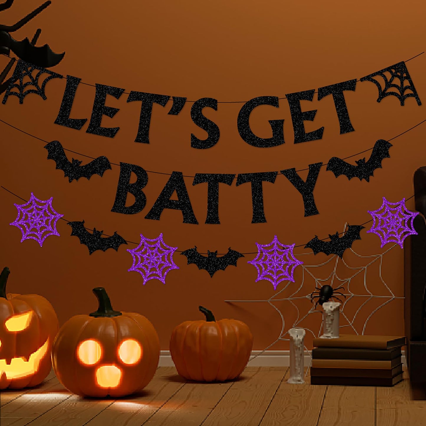 Halloween Black-Purple Spider-Web Party-Decorations Banner - 8pcs Paper Bats Spiders Hanging Swirls Streamers,Indoor Room Porch Wall Ceiling Garland, Baby Shower Birthday Supplies Decor Panduola