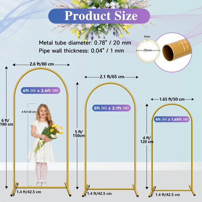 Hemmotop Metal Arch Backdrop Stand Set of 3, 6FT, 5FT, 4FT Party Arch Stands for Wedding, Birthday, Baby Shower, Bridal Shower - Balloon Arched Frame for Garden Decor, Gold Floral Arches, 3 Pieces