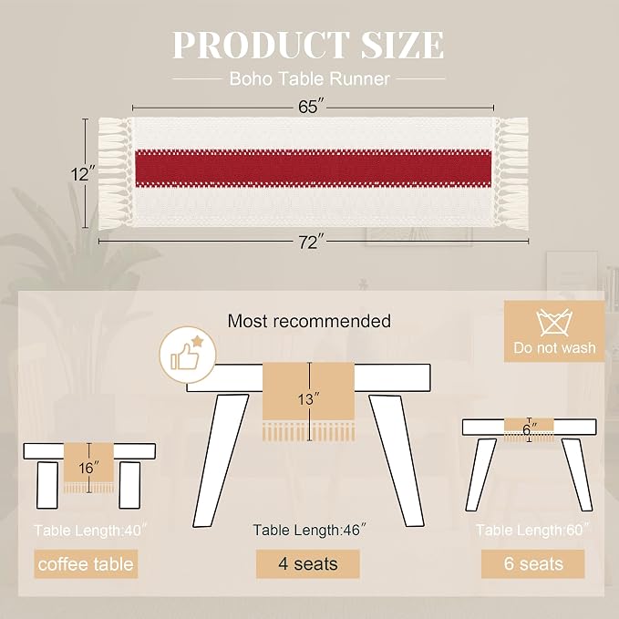FEXIA 4th of July Table Runner for Home Decor with Tassels 72 Inches Long Farmhouse Red Rustic Boho Table Runner Macrame Burlap Table Decoration for Living Room Bridal Shower(12x72 Inches)