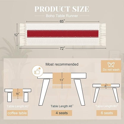 FEXIA 4th of July Table Runner for Home Decor with Tassels 72 Inches Long Farmhouse Red Rustic Boho Table Runner Macrame Burlap Table Decoration for Living Room Bridal Shower(12x72 Inches)