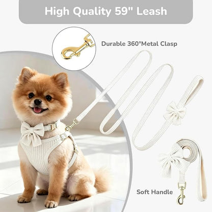 Small Dog Collar Harness and Leash Set with Bowtie, Adjustable Dog Harness Collar and Leash Set with Secure Metal Buckle, Breathable Cotton Adjustable Pet Puppy Harness, Easy Walk Harness, S(14–18.9")