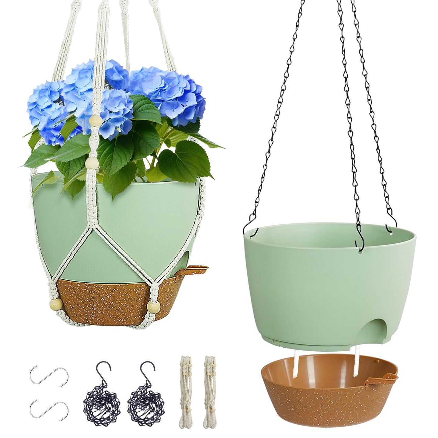 Meowell 10 inch Self Watering Hanging Planters for Indoor Plants, 2 Pack Hanging Baskets for Outdoor Plants, Hanging Flower Pots with Drainage Holes & 2 Kinds of Plant Hangers for Home Decor, Green