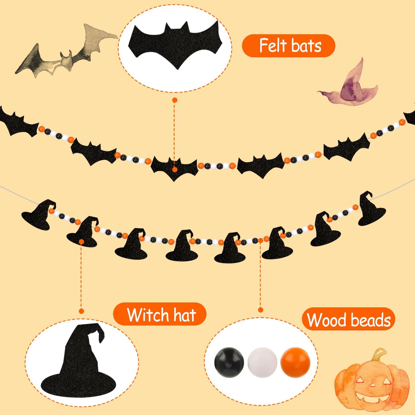XEFINAL 2 PCS Halloween Felt Bats Witch and Wood Beads Garland Halloween for Mantle Garland Banner Decor Indoor Outdoor Haunted House Decoration