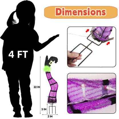 Juegoal Set of 2 Halloween Lighted Wicked Purple Witch Legs with Stakes, 22" Light Up Tinsel Halloween Yard Sign Prop Timer & 8 Modes, Battery Operated for Outdoor Party Haunted House Garden Decor