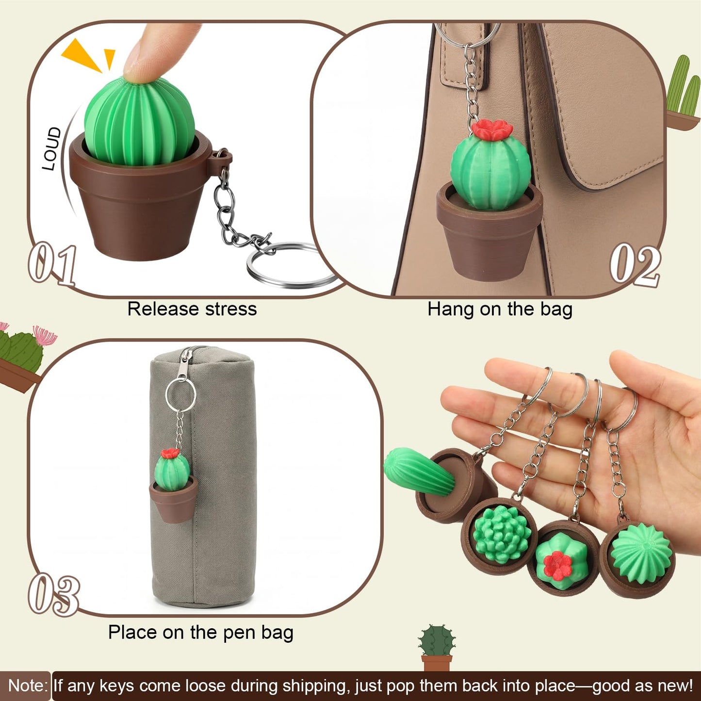Kenning 12 Pcs Cactus Clicker Fidget Keychain Bulk, 3D Sensory Clicker Fidget Keychain Stress Relief Gifts for Adults Coworkers Employees Cinco De Mayo Mexican Fiesta Party Favors