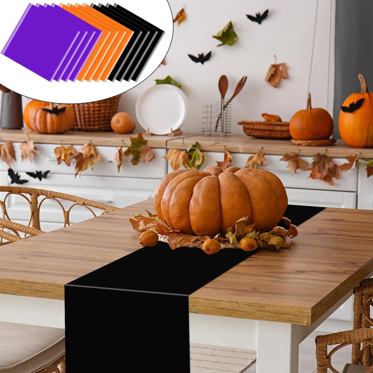 12 Pack Plastic Table Runners 14 x 108in Orange Black Purple Long Table Runner Disposable Tables Runners for Dinner Banquet Tables Decor Wedding Birthday Halloween Witch Vampire Party Decor