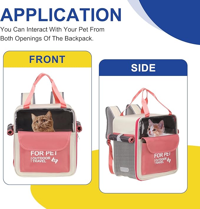 Pet Backpack Carrier, Portable and Ventilated, Oxford Cloth, Dogs Cats and Small Animals Travel Bag 13.39" Up to 16.5 Lbs, (Pink), Intended for Hiking/Camping/Traveling