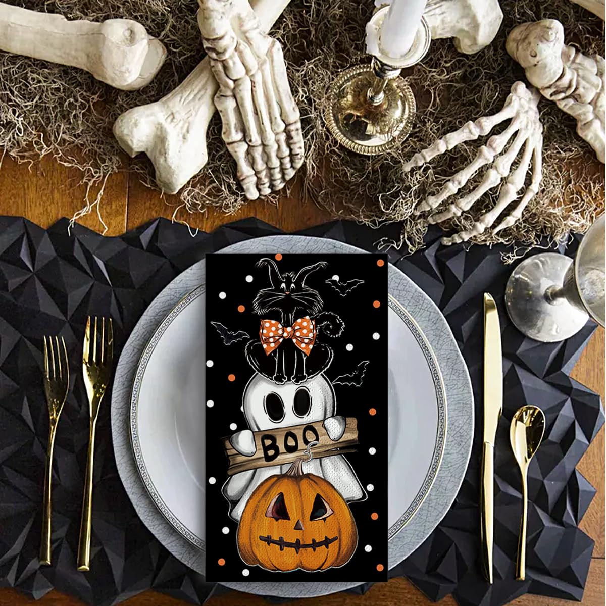 Horaldaily 100 Halloween Disposable Paper Decorative Guest Napkins, Orange Jack-O-Lantern Pumpkin Dots Ghost Cat Hand Towel for Party Lunch Dinner Kitchen Bathroom