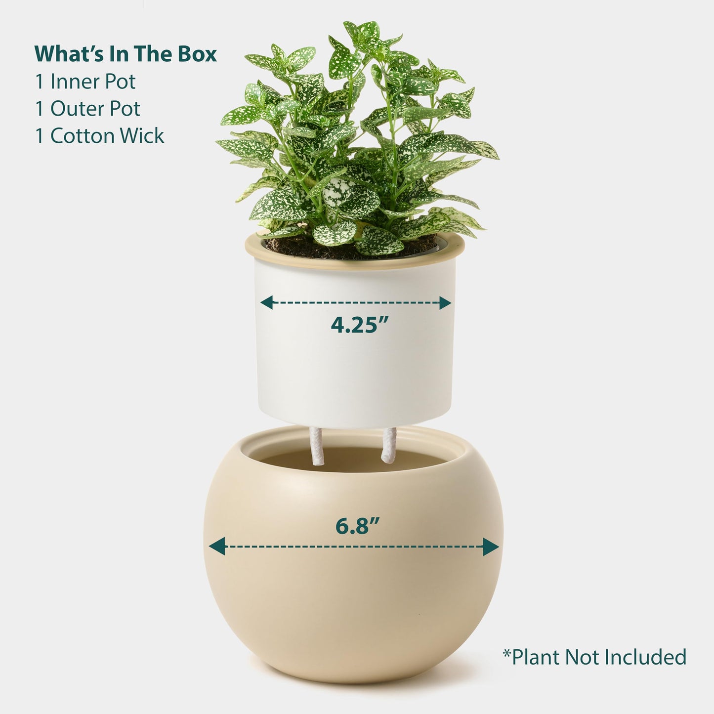 LAMENICO Ceramic Self Watering Plant Pot | 6.8 Inch Pot with 4.5 Inch Inner Pot for Small Plants | Ivory Pot for Indoor Plants | Round Self Watering Planter | Bottom Watering Pots for Indoor Plants