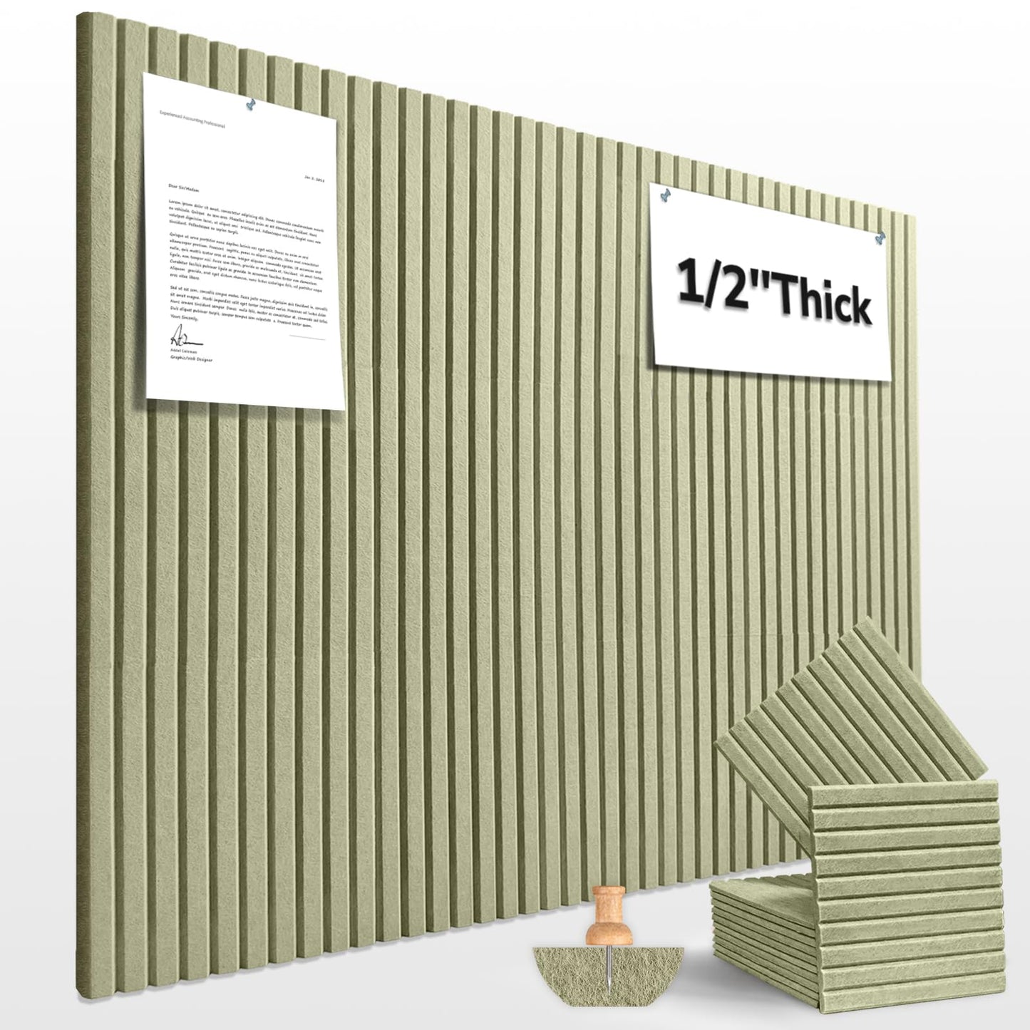 Large Cork Boards for Walls 48"x 36" - 1/2” Thick Bulletin Board, 12 Pack Felt Wall Tiles with Safe Removable Adhesive Tabs, Pin Board Cork Board for Office - Sage Green