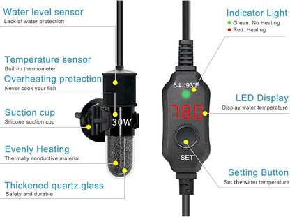 YukiHalu Super Mini Aquarium Heater, 10W 20W 30W Adjustable Fish Tank Heater with External Controller, Overheating Protection, Digital Display, Used for 0.5-3 Gallons(20 watts)