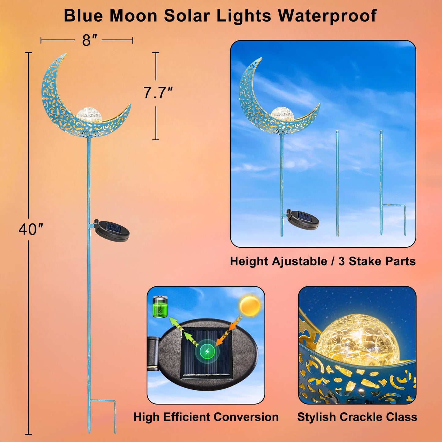 Homeimpro Moon Solar Garden Lights Outdoor Stakes, Waterproof Crackle Glass Metal Yard Lights for Lawn, Patio Accessories, Backyard Decor, Birthday Gifts for Mom