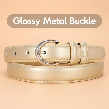 SANSTHS Women Leather Belt for Jeans Pants Fashion Ladies Skinny Belt for Dresses Thin Belt with Single Prong Buckle,Gold,S