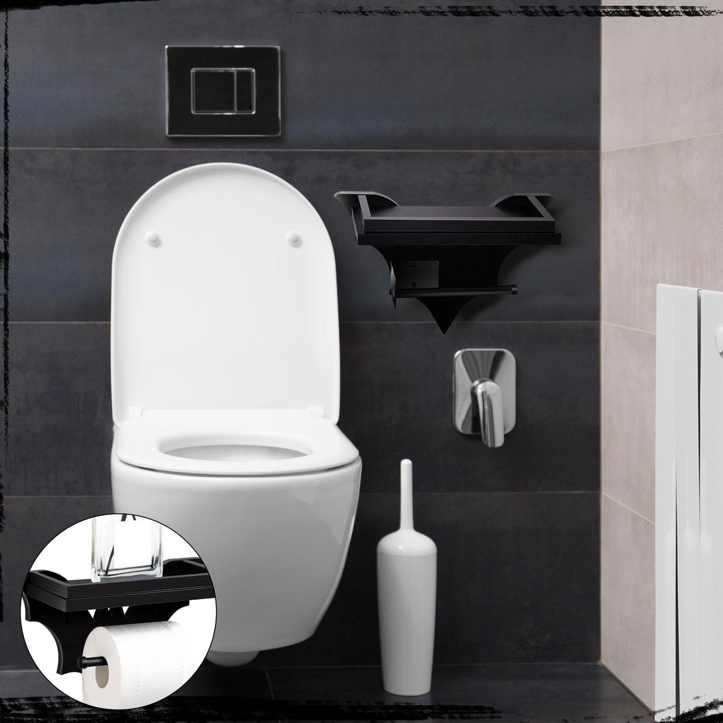 Chunful Bat Toilet Paper Holder with Shelf Gothic Creepy Wooden Black Paper Roll Holder Wall Mount Gothic Christmas Halloween Decor for Bathroom