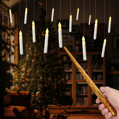 Raycare Floating Candles with Wand, 12 Pcs Magic Hanging Candles Flameless, Flickering Warm Light LED Taper Candle with Wand Remote, Battery Operated Window Candle for Halloween Witch Wizzard Decors