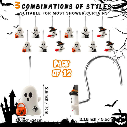 Colingmill 12 Pcs Halloween Ghost Shower Curtain Hooks Xmas Shower Curtain Hooks Halloween Bathroom Decor Rings for Bathroom Bedroom