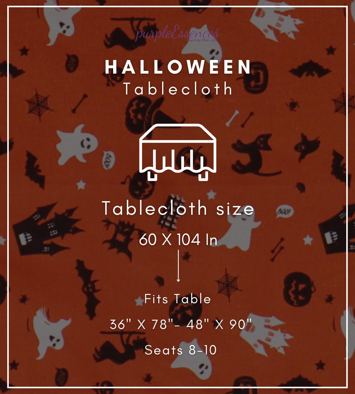 PurpleEssences Orange Black Halloween Tablecloth, Rectangle Halloween Party Tablecloth Decoration, 60x104 Inch Machine Washable Cotton Table Cover, Haunted House