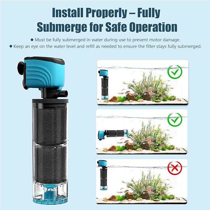 Submersible Aquarium Filter, Upgraded 100-300 Gallon Fish Tank Filter with Fish Guard, Internal Whisper Pump for Turtle Tank, Debris Tray, Check Valve, Fresh/Saltwater, 15-Inch