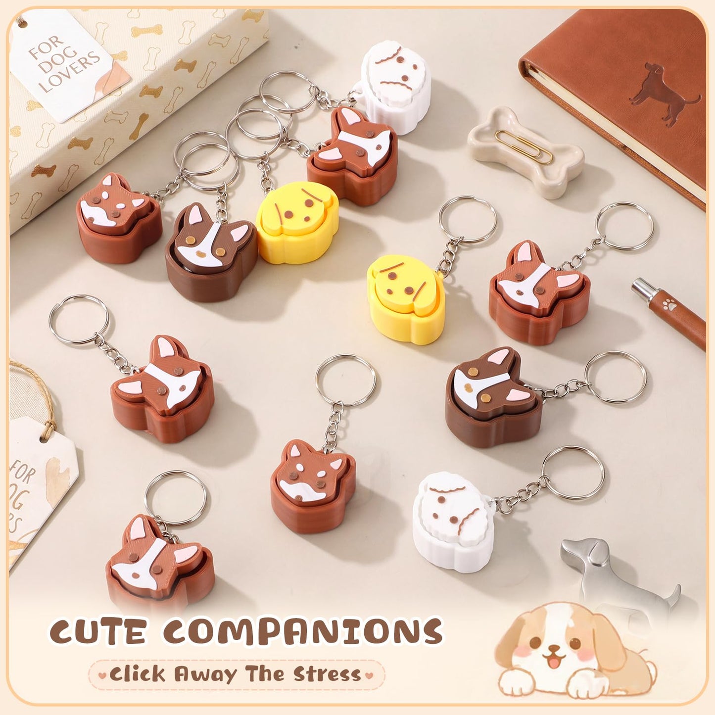 Kenning 12 Pcs Clicker Fidget Keychain, 3D Sensory Clicker Fidget Toys Decompression Button Stress Relief Gifts for Adults, Coworkers, Summer, Graduation, Office Party Favors (Dog)