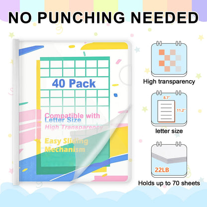 TOTiyea 40 Pack Clear Report Covers with Sliding Bars, Letter Size, 9mm (70 Sheet Capacity) White Sliding Bar File Folders