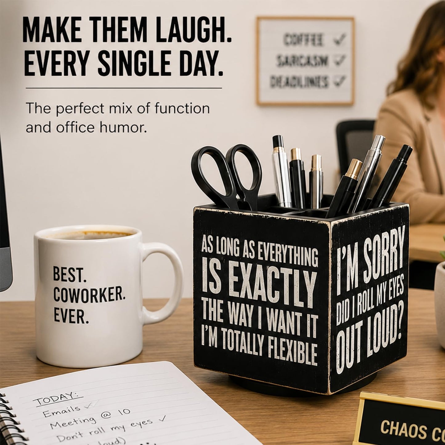 Outus Funny Coworker Gift Pen Holder for Desk, Sarcastic Office Desk Decor, Rotating Wooden Pencil Holder, Funny Office Gift for Women Men Boss Coworkers (Black)