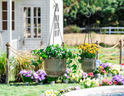 Melphoe 2 Pack Self Watering Hanging Planters Indoor Flower Pots, 5.3/8.3 Inch Outdoor Hanging Basket, Plant Hanger with 3Hooks Drainage Holes for Garden Home (Gray)