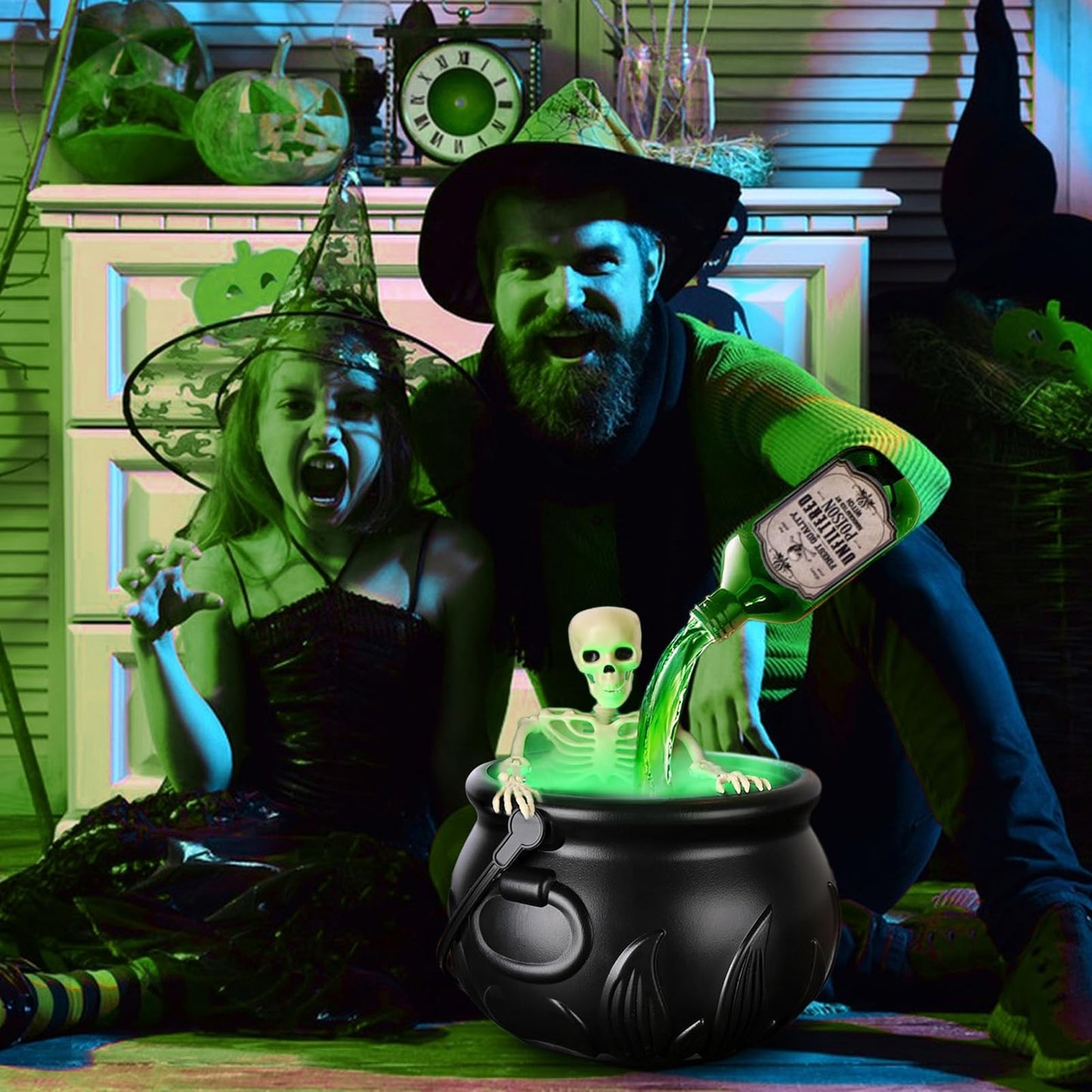 Halloween Decorations Indoor - Skeleton Cauldron Running Water Decor with Magic Floating Potion Bottles and Diffuser - Black Plastic Witches Bowl Summerween Decoration for Spooky Home Table (Set)