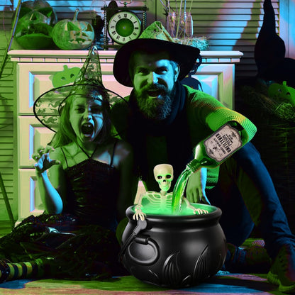 Halloween Decorations Indoor - Skeleton Cauldron Running Water Decor with Magic Floating Potion Bottles and Diffuser - Black Plastic Witches Bowl Summerween Decoration for Spooky Home Table (Set)