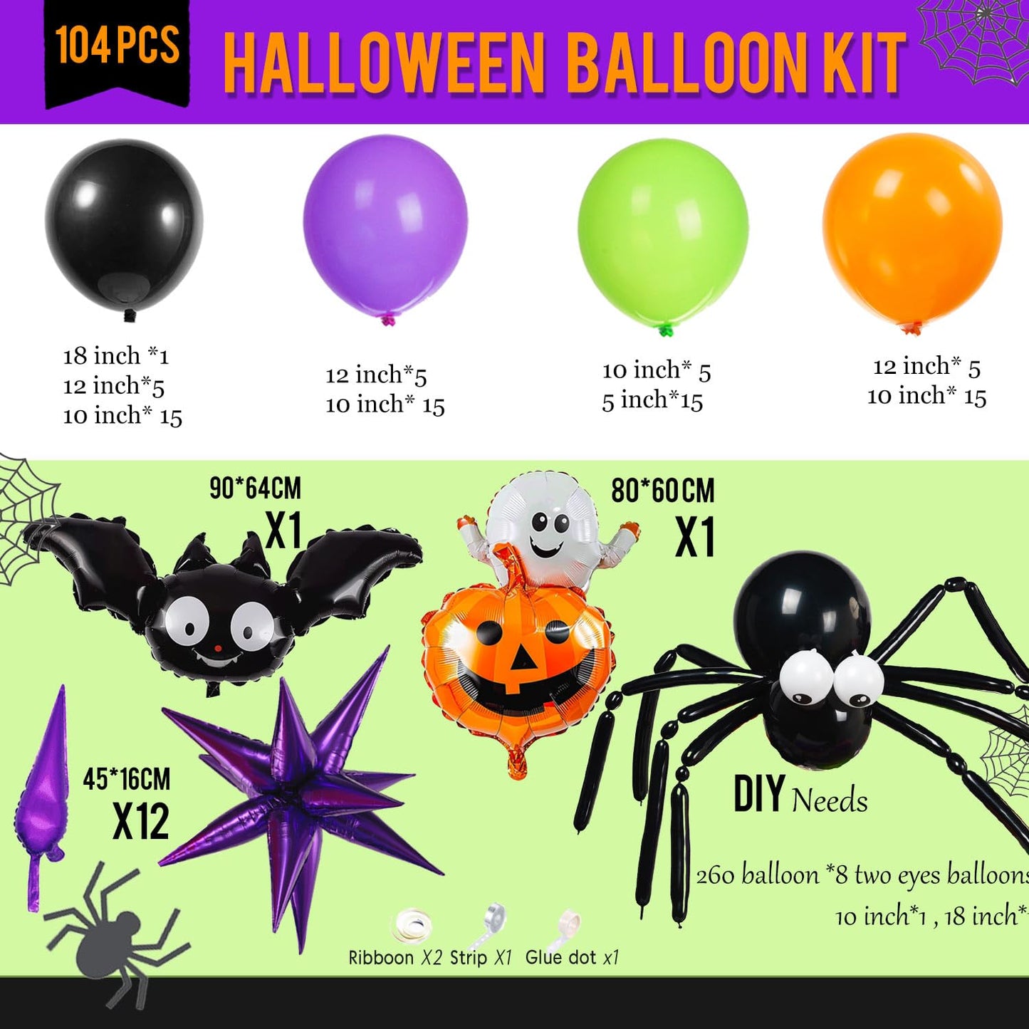 Halloween Balloon Garland Arch Kit 100+pcs Orange and Black Purple green balloons with Spooky Bat Pumpkin foil Balloons spider web for fall Halloween Party spooky-themed birthday Decorations